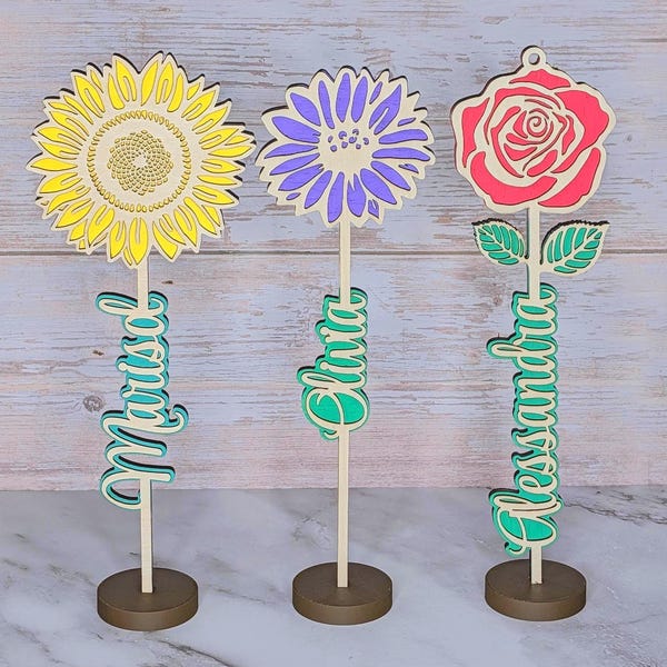 Personalized Wooden Flower with Custom Name and standing base