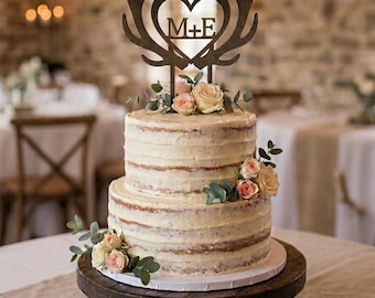 Personalized Topper with Antlers, Custom Initials Heart Cake Decoration