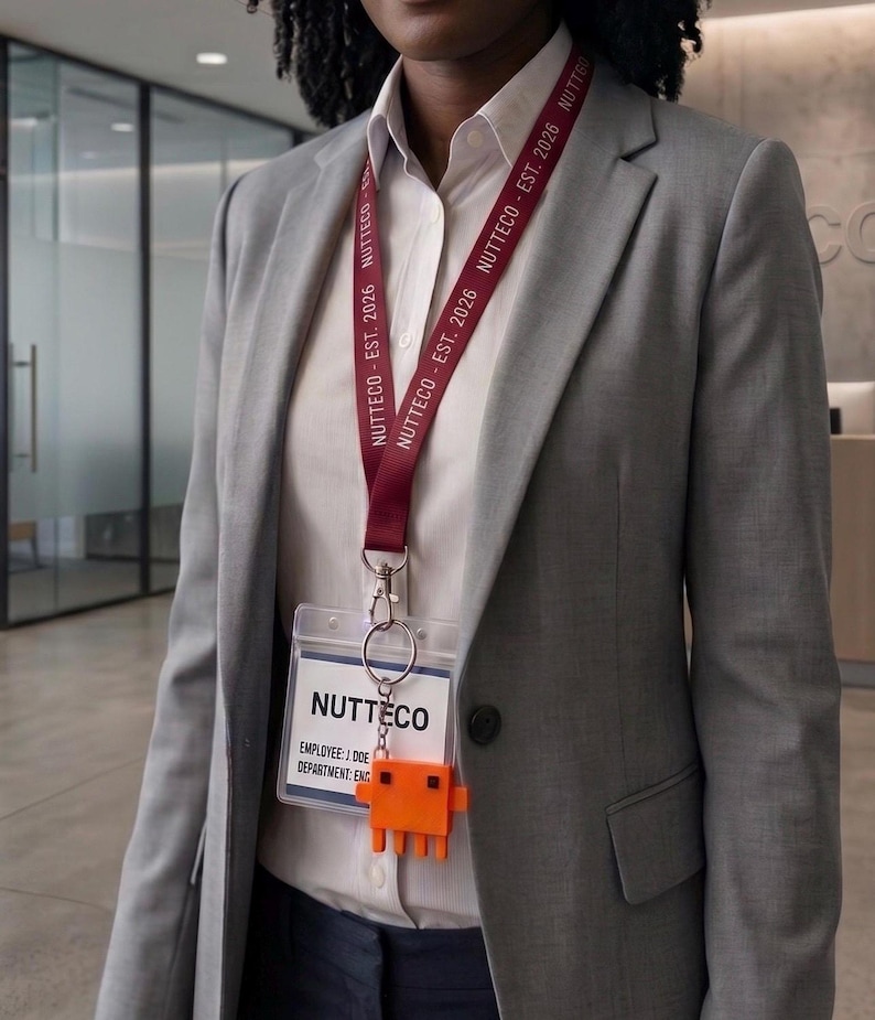 May include: A maroon lanyard with the white text NUTTECO - EST. 2026 attached to a clear plastic ID badge holder. The badge displays the text NUTTECO, EMPLOYEE: J. DOE, and DEPARTMENT: ENG. An orange pixelated character charm hangs from the metal ring.