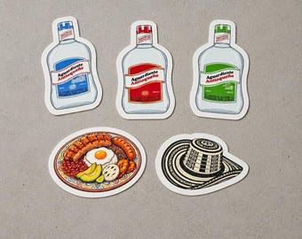 Colombianskt klistermärkespaket, Aguardiente Vinyldekaler Set med Bandeja Paisa och Sombrero