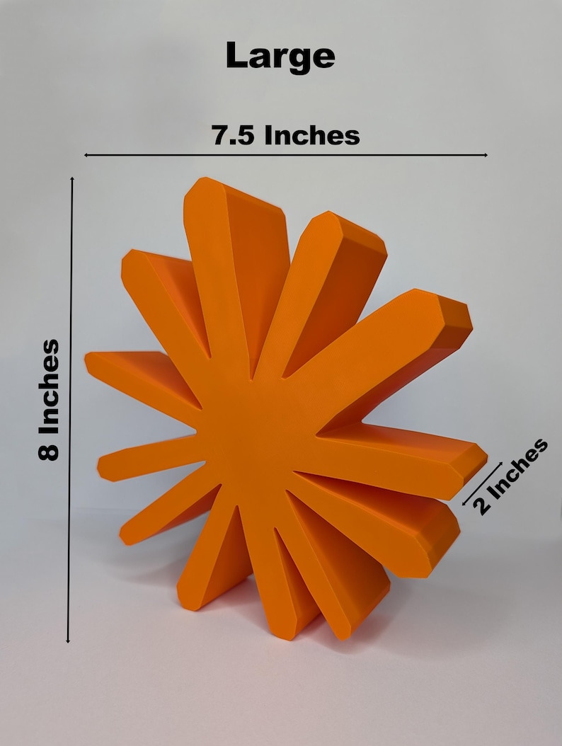 A large, orange,sunburst-shaped  logo is shown with text indicating its dimensions: "Large," "7.5 Inches" wide, "8 Inches" tall, and "2 Inches" deep.