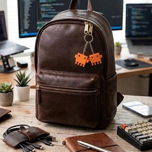 May include: A dark brown leather backpack featuring a top handle, a front zippered pocket, and a silver-toned keyring attached to the zipper pull. The keyring holds two small, orange, square-shaped robot charms with simple facial expressions.