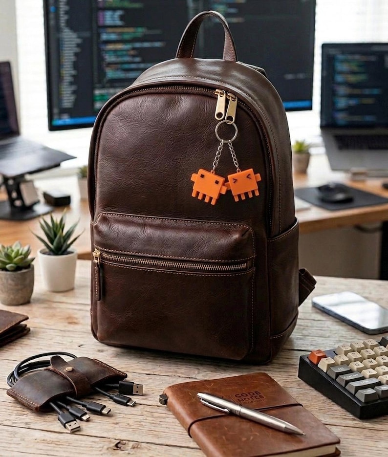 May include: A dark brown leather backpack featuring a top handle, a front zippered pocket, and a silver-toned keyring attached to the zipper pull. The keyring holds two small, orange, square-shaped robot charms with simple facial expressions.