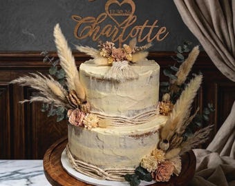 Personalized Wooden Wedding Cake Topper, Custom Names & Heart Date, Laser Cut Wood
