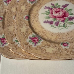 Op de afbeelding: Een set van drie decoratieve borden met een bloemenontwerp. De borden hebben een crèmekleurige achtergrond met een gedetailleerd reliëfpatroon. Elk bord heeft een centraal rozenmotief in roze en paars, omringd door groene bladeren.