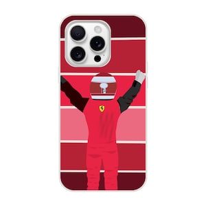 May include: A red and white phone case with a cartoon illustration of a race car driver raising their arms in victory. The driver is wearing a red racing suit and a white helmet with a red logo.