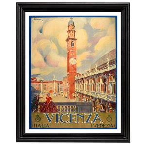 May include: Vintage travel poster advertising Vicenza, Italy. The poster features a colorful illustration of a tall clock tower and a building with arches. The text on the poster reads "Vicenza (Venezia)" and "(Italia)".