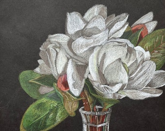 Magnolias in a Crystal Vase: Signed Fine Art Print - magnolia art, colored pencil, floral illustration, crystal art, giclee print