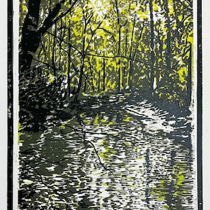 Frisbee Creek: First Edition Linoleum Print, Signed - multi-block linoleum print, linocut, creek art, farm art, rural, original art