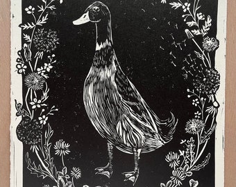 Runner Duck Signed Linoleum Print: First Edition - duck art, farm art, farm birds, indian runner duck, linoleum prints, original art