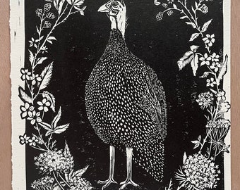 Guinea Hen Signed Linoleum Print: First Edition - guinea hen art, farm art, farm birds, bird art, linoleum prints, original art