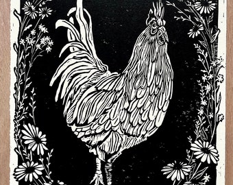 Rooster Signed Linoleum Print: First Edition - rooster art, farm art, farm birds, chicken art, linoleum prints, original art
