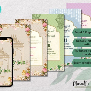 Convites de casamento para cartões de casamento indianos, modelos editáveis, tema pastel para convites de casamento hindu, modelos DIY, modelos Corjl
