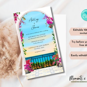 Faire-part de mariage méditerranéen modifiable, modèle d'invitation de mariage bougainvilliers, bougainvilliers bleu carreaux, fleurs roses fuchsia de Barcelone Espagne