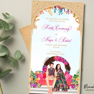 Haldi Pithi Mayun-ceremonie-uitnodiging | Bewerkbare Indiase bruiloft sjabloon | Karikatuur | Corjl E-Invite voor WhatsApp sociale media