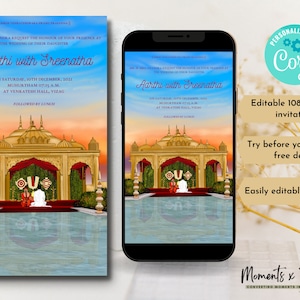 Convite de casamento digital Tamil, convite de casamento Telugu para modelo de cartão de casamento do sul da Índia para casamento hindu Corjl ElectronicTemplates