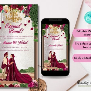 Faire-part de mariage indien numérique pour mariage hindou, cartes de réception pour mariages Modèles numériques Cartes électroniques Faire-part Corjl