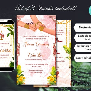 Digitale Assamese bruiloft uitnodiging Juran Wedding Card, digitale Juroon bruiloft uitnodiging, bruiloft kaart Assam uitnodigen elektronische sjablonen