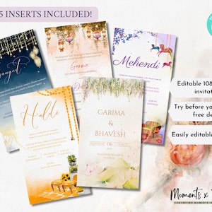Lot de 5 cartes pour faire-part de mariage, cartes de mariage numériques pour mariages indiens, faire-part de mariage aquarelle élégant et moderne