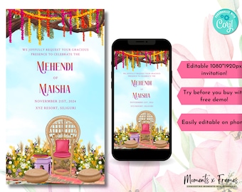 Watercolor Mehndi Invitation Template, Indian Wedding Dholki Party Invite, Editable Digital Download