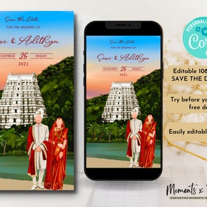 Digitale Save The Date Karte für Tamil Hochzeit, Telugu Hochzeitseinladung Südindische Hochzeit Bearbeitbare elektronische Vorlagen speichern das Datum einladen