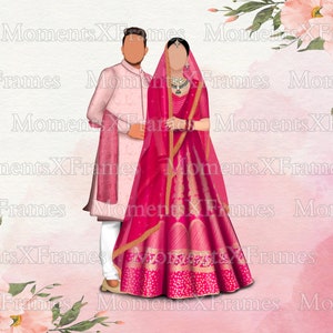 Caricature de couple mariage indien, Clipart Couple indien, illustration de couple, marié indien mariée en lehnga et sherwani