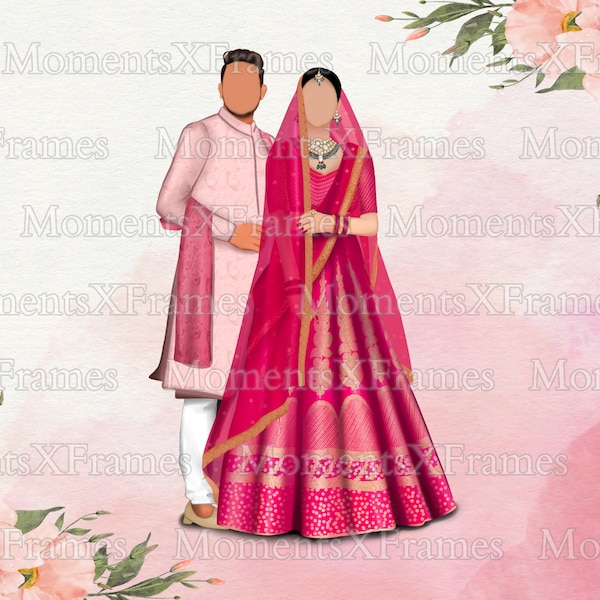 Indian Wedding Couple Caricature, Indian Couple Clipart, Couple Illustration, Wedding Stationery, Indian Bride Groom in Lehnga and Sherwani