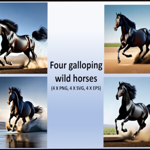 Hermoso y elegante conjunto de cuatro caballos salvajes al galope para animar cualquier espacio como arte de pared y grabados, grandes regalos para los amantes de los caballos.