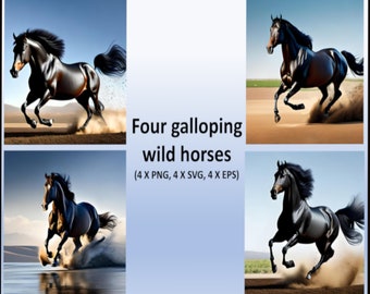 Lindo e elegante conjunto de quatro cavalos selvagens galopando para animar qualquer espaço como arte de parede e gravuras, ótimos presentes para os amantes de cavalos.