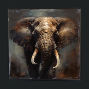 May include: A close-up painting of an elephant's face. The elephant has large, floppy ears and a long trunk with ivory tusks. The background is a dark, muted brown and gray.