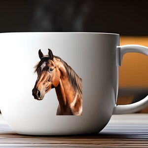 May include: White ceramic mug with a brown and black horse head illustration.