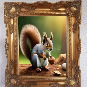 May include: A framed painting of a squirrel holding a nut in its paws. The squirrel is gray and white with a bushy red tail. The background is a blurred green forest scene.