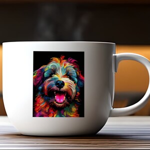 Chiot coloré, une présentation lumineuse et vibrante pour accrocher au mur, poster ou faire une carte. Un cadeau pour toutes les occasions. Impression sur tissu.
