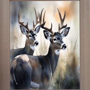 May include: A watercolour painting of two white-tailed deer with antlers standing in a field of tall grass. The deer are facing the viewer, and the background is a soft, muted palette of browns and greens.