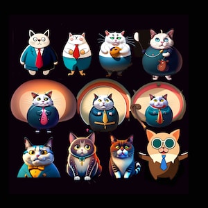 15 PNG and JPG cartoon fat cat clipart  with captions for stickers, cards, posters, gallery display and great gifts. Make a statement.