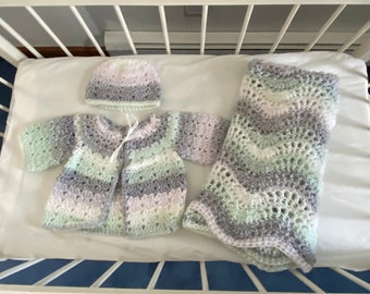 Baby blanket, hat and sweater