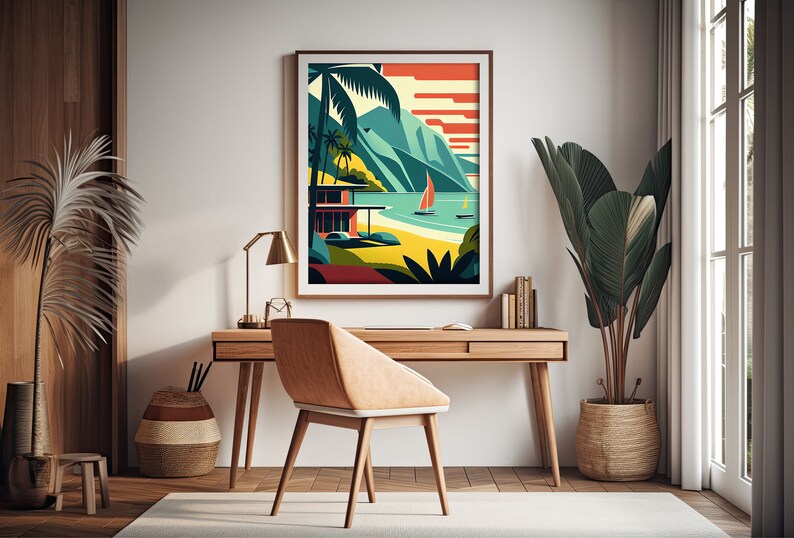 Hanalei Bay Art Print Mid Century Modern Beach Decor Instant Etsy