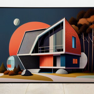 Space Age Forest Hideaway, Mid Century-inspiriertes Design, Kinder Wandkunst, Natur druckbare Dekoration, Kinderzimmer Kunst, sofort Download
