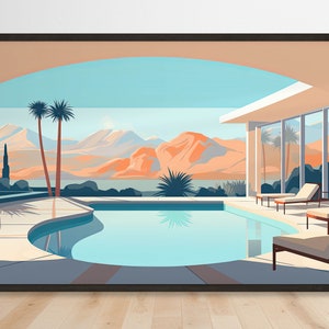 Pastel Pool Scene Art, Palm Springs Ranch Pool, Mid-Century Modern Inspired Digital Print, Pastel Mountain Backdrop, Instant Download