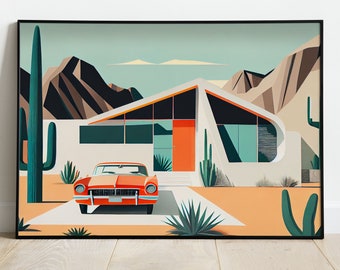 Palm Springs Ranch digitale kunst, Mid Century Modern Desert Home, afdrukbare wanddecoratie, Californische architectuur, Instant Download