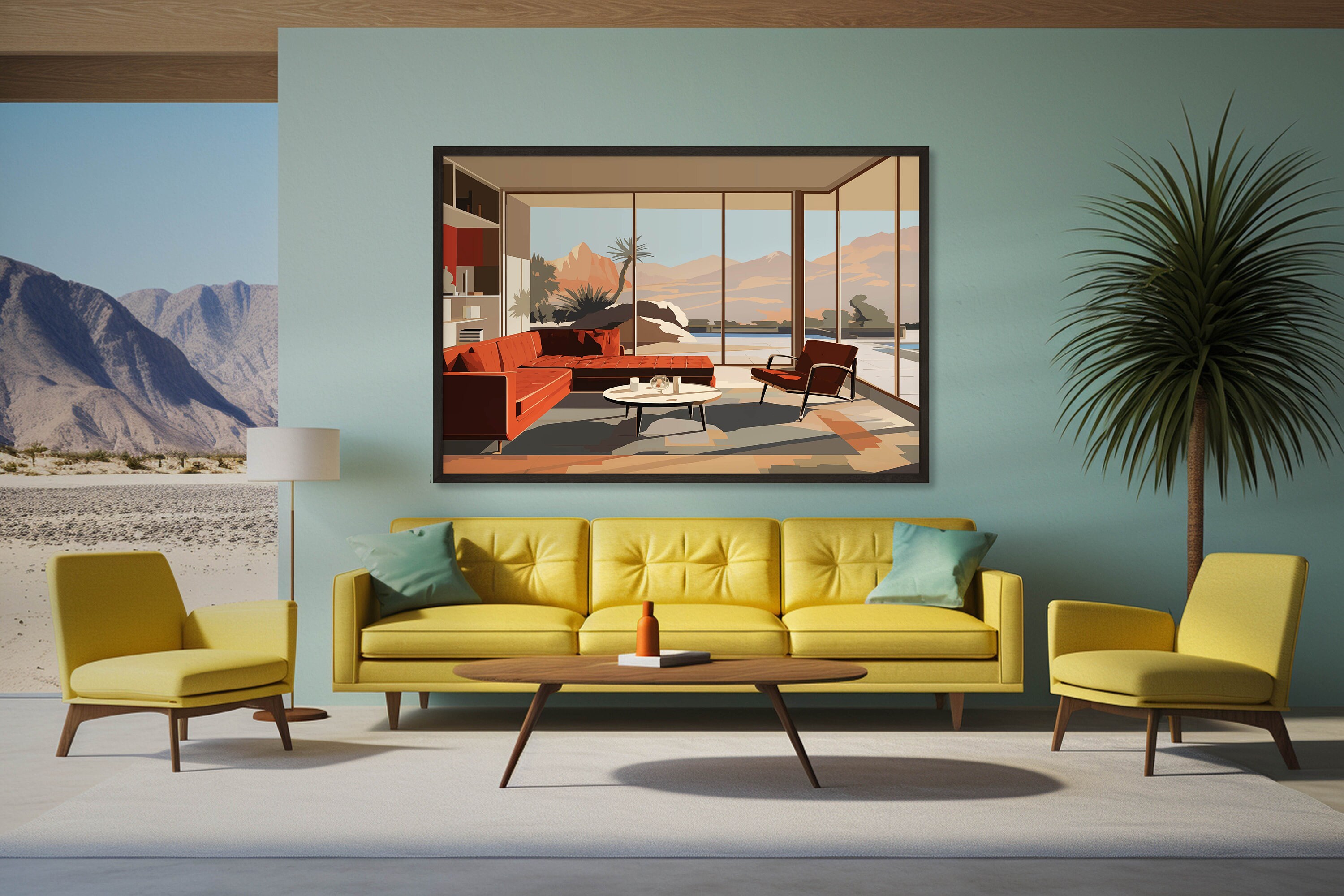 Mid Century Modern Art Digital Download, Desert Oasis Living Room Wall ... - Mid Century Modern Apartment Textured Artwork