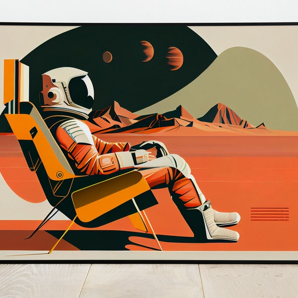 Astronaute dans une chaise de style Eames sur Mars | Impression d'art numérique pour les passionnés d'espace et Mid Century Modern | Téléchargement instantané Space Wall Decor