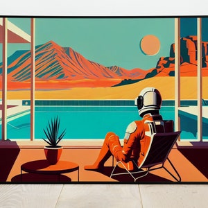 Mid Century Poolside Scene, Astronaut Relaxing on Mars Art, Instant Download, Retro Space Explorer, Martian Landscape View, Cosmic Leisure