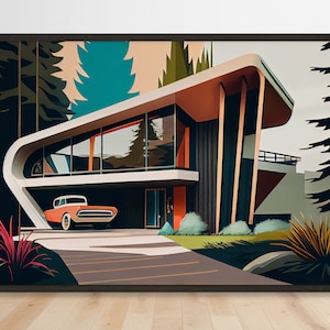 Digital artwork of a mid-century modern home with a vintage car parked in front, amidst a backdrop of tall pines in deep forest green and earth tones