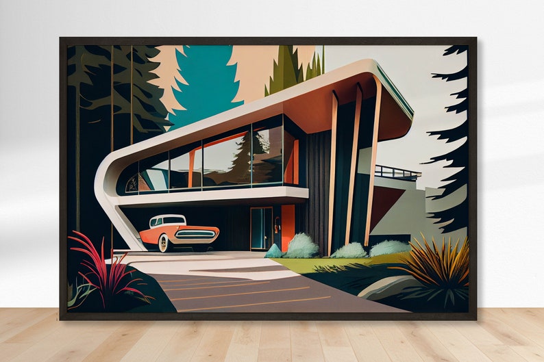 Digital artwork of a mid-century modern home with a vintage car parked in front, amidst a backdrop of tall pines in deep forest green and earth tones