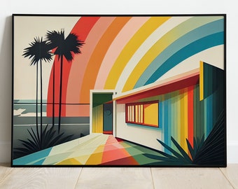 Mid Century Modern Rainbow Beach Bungalow, Vibrant Coastal Home, Seaside Inspired Wall Decor, Printable Artwork, Instant Download