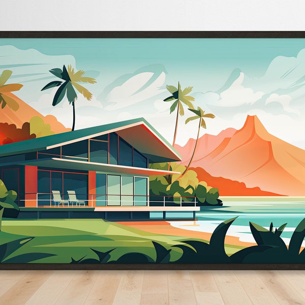 Tropical Hawaiian Bayside Escape Art Print, Mid-Century Modern Home Decor, Pink Mountain Seascape, Serene Coastal Island Living Room Decor