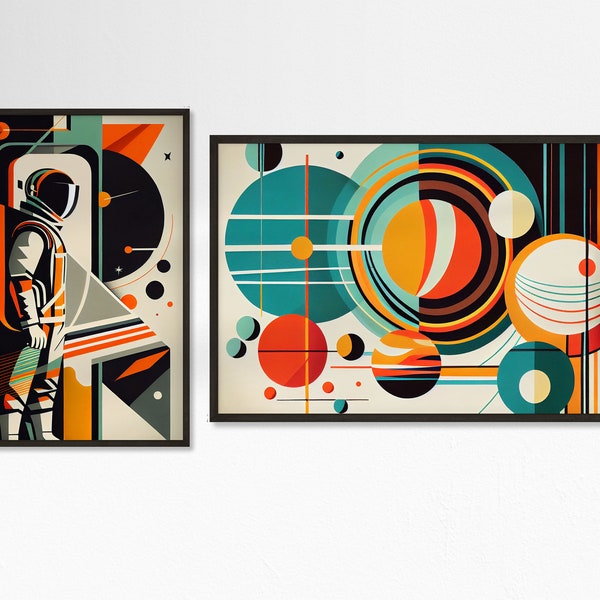 Outer Space Fantasy 2-Print Set, Astronaut & Retro Solar System, Mid Century Modern Digital Art, Downloadable Wall Decor