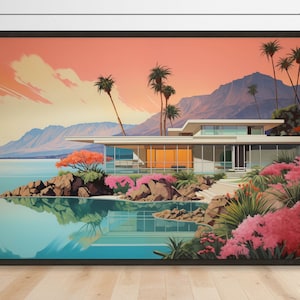 Puede incluir: Una casa moderna blanca con grandes ventanales se encuentra en un acantilado con vistas a una masa de agua. Palmeras y flores rosas rodean la casa, y se puede ver una cordillera en el fondo. El cielo es de un naranja y rosa vibrantes.