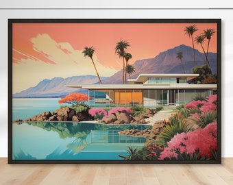 Mid Century Architectural Print, Modern Home Elevation with Sunset, Instant Download, Tropical Wall Art